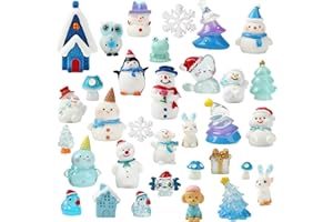 DTOFOOT 56Pcs Mini Winter Resin Figurines,Miniature Blue Snow Globe Figures Tiny Snowman Penguin Snowflake Duck Elk Christmas Tree for DIY Crafts Fairy Garden Home Decor