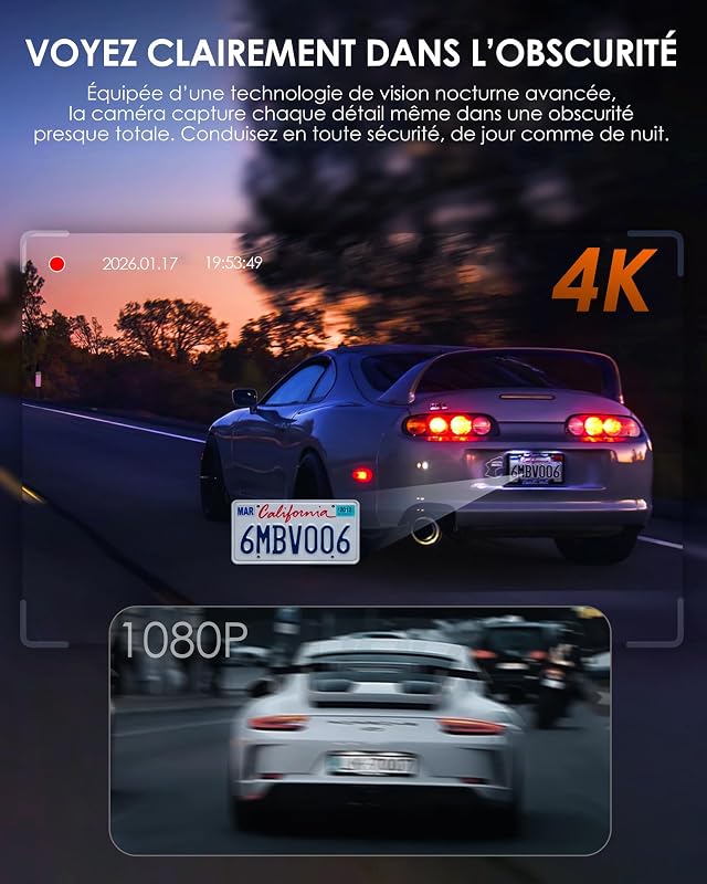 Dashcam Voiture 3 Canaux 4K avec SD 32 G, WiFi 6 Caméra Embarquée