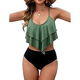 Edelqual Bikini Sets for Women Ruffled Leopard Halter Top Floral High Waisted Tummy Control Crisscross Tie Back Bathing Suit