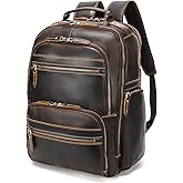 LANNSYNE Vintage Mens Full Grain Leather Backpack Fits 17.3 Inch Laptop, Large Casual Rucksack Shoulder Bag For Travel/Camping/Hiking-Brown