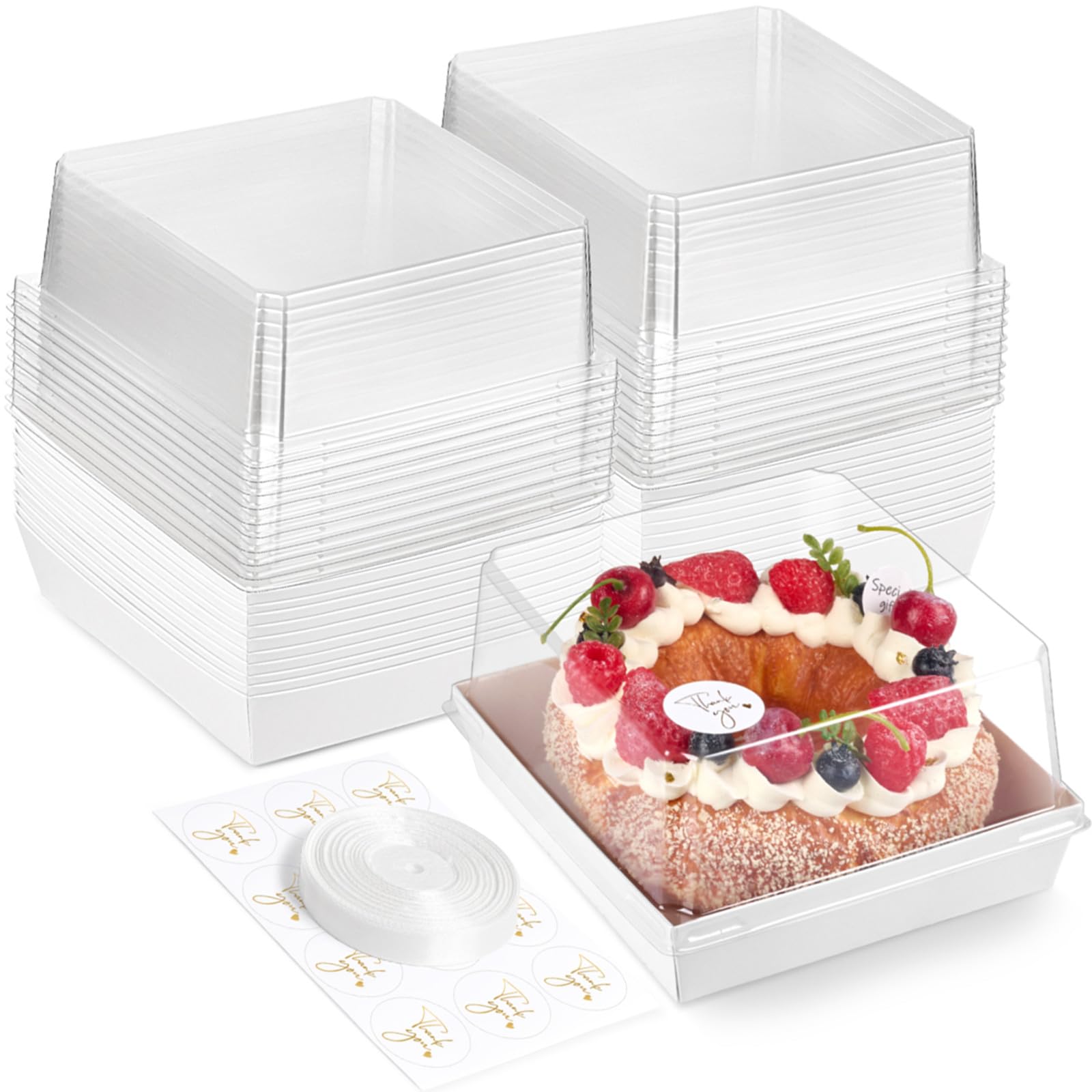 Photo 1 of Ocmoiy 7x7x4 Inches White Paper Cake Boxes with Clear Lids for 6 Inch Cakes, 20 Pack Square Disposable Cake Bakery Take Out Containers, To Go Dessert Boxes