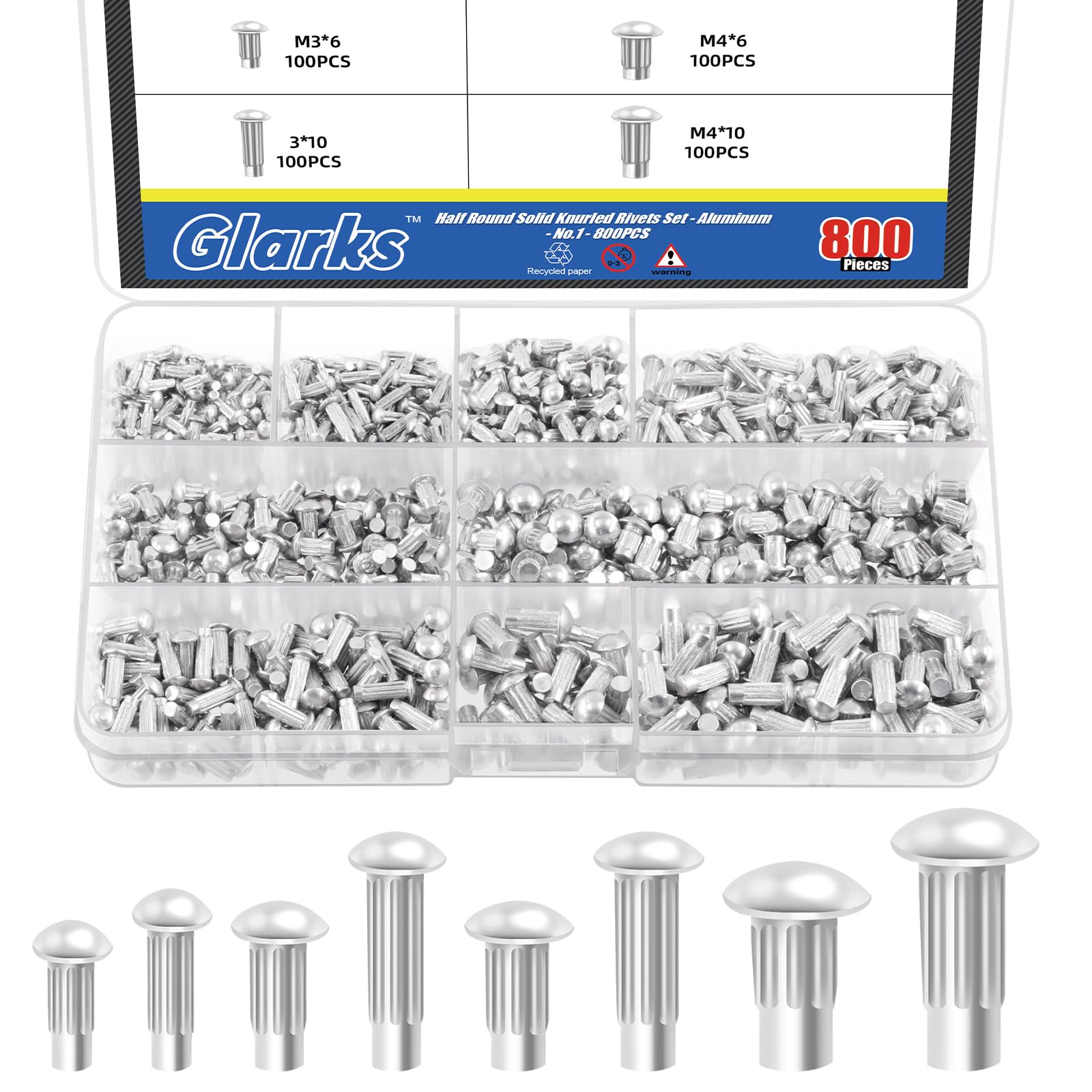 Glarks 800Pcs Solid Rivets Knurled Shanks Set, M2 M2.5 M3 M4 Semi-Round Head Aluminium Solid Rivets Assortment Kit with Storage Box Home Outdoor Hardware Tool