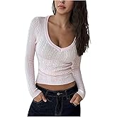 GORGLITTER Women's Cable Knit V Neck Sweater Long Sleeve Fitted Cropped Pullover Tops