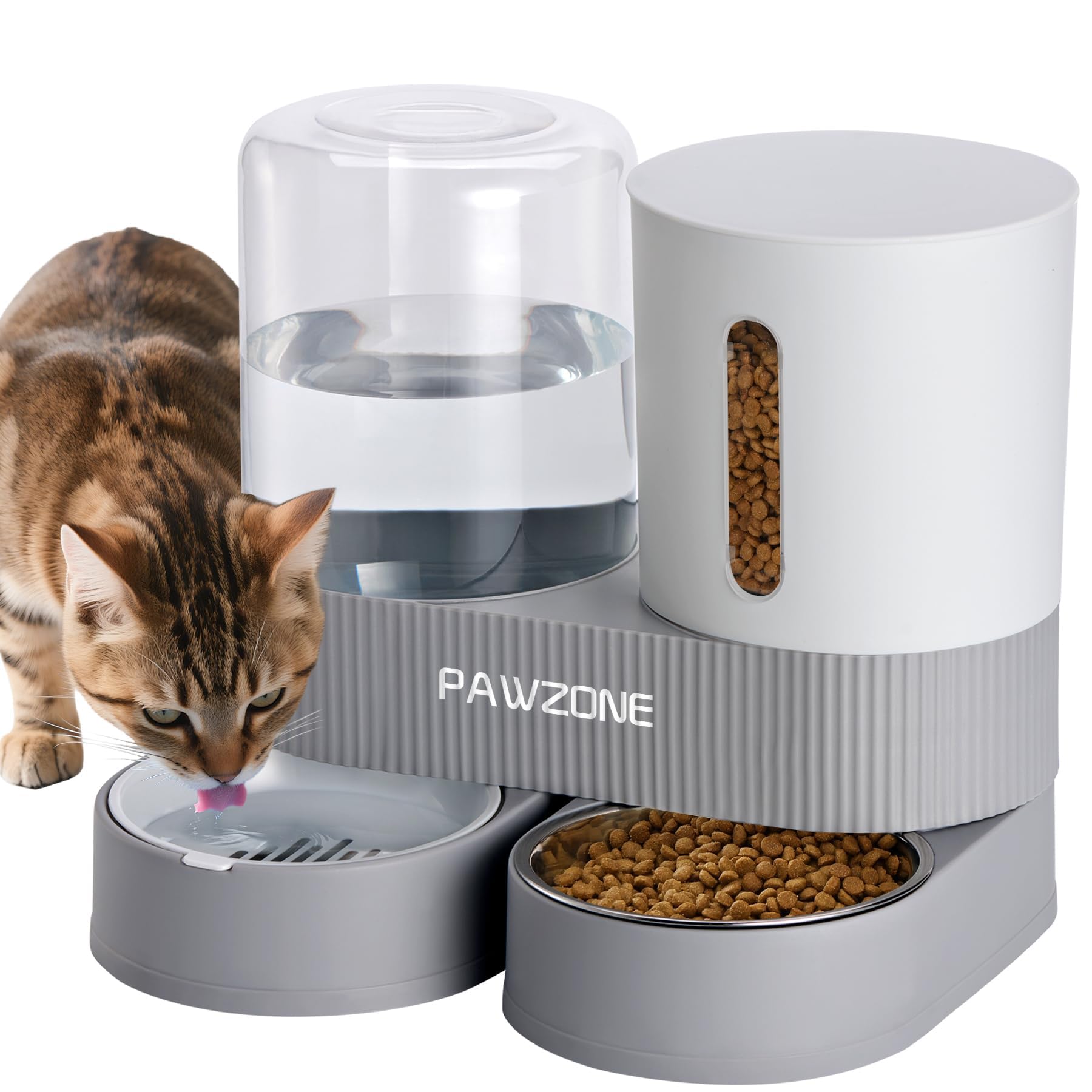 Photo 1 of 2 Pack Automatic Cat Feeder Stainless Steel Water Dispenser Gravity Food Feeder and Waterer Set with Pet Food Bowl for Small Medium Kitten Puppy Pets Large Capacity(Grey)