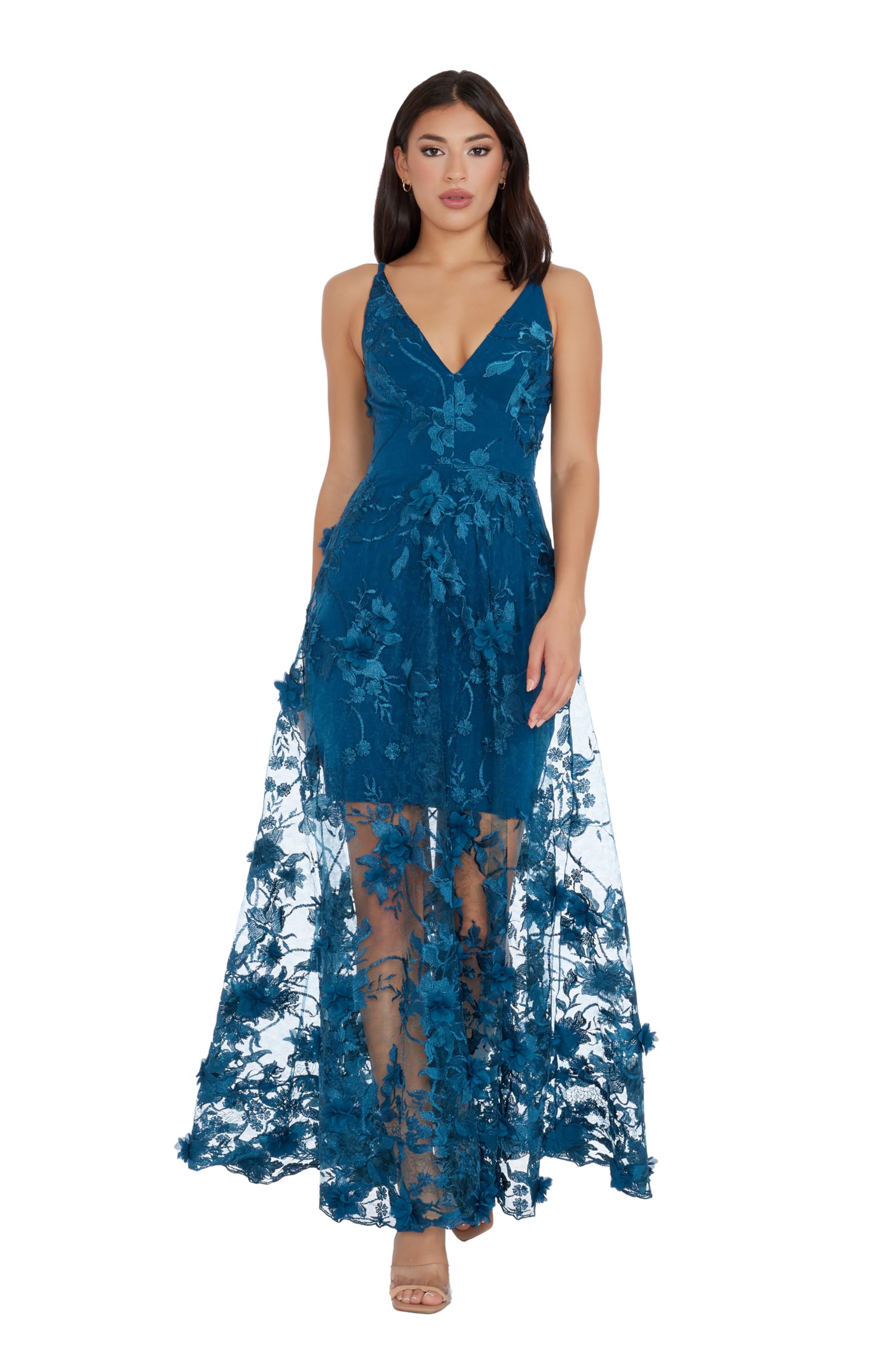 Dress the Population Womens Embellished Plunging Gown Sleeveless Floral Long Dress, Peacock Blue Sidney, Medium