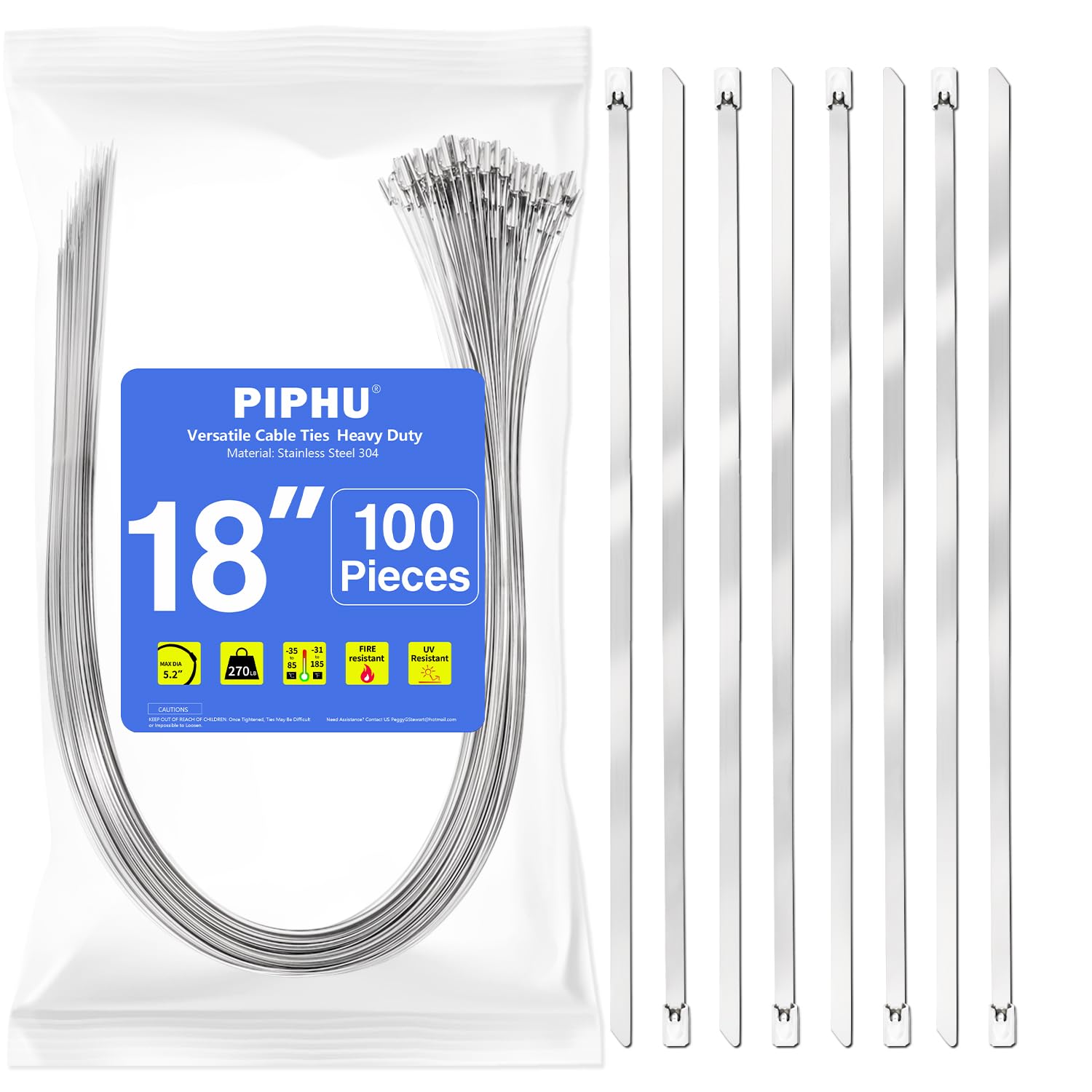 100 Pack Metal Zip Ties 18 Inch 4.6mm UV Resistant Stainless Steel Metal Cable Ties 304 Heavy Duty Zip Ties Wide Load Capacity 270 lbs Suitable for Exhaust Wrapping Fence Outdoor Canopy