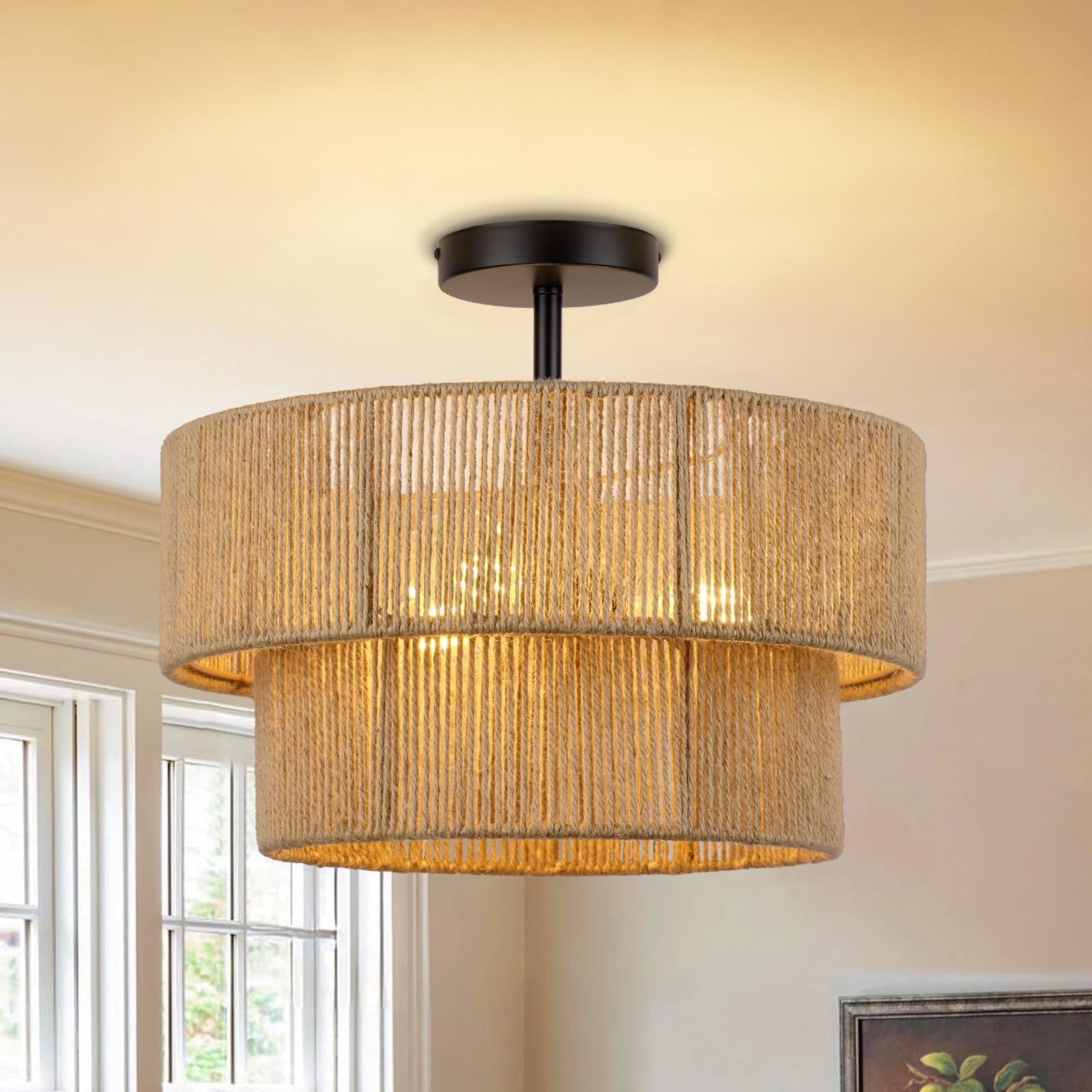 Photo 1 of 15.7'' Boho Light Fixtures Ceiling Mount, Coastal Hemp rope Semi Flush Mount Ceiling Light Fixture,3-Light Rattan Light Fixtures With 2-Tier Drum Shade, Farmhouse Chandelier Bedroom Ceiling Lamp