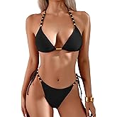 TASHEHE Women's Bikini Set High Cut Triangle Sexy Tie Swimsuit Two Piece Beads Shoulder Straps Bathing Suit