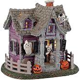 Lemax Ghost Cottage Lighted Building, AC Adaptable, #34080, Porcelain | Resident Ghosts Glow Inside a Riverside Cottage | Resin, 3V CR2032 Battery or AC Adaptor | Spooky Town Village Display