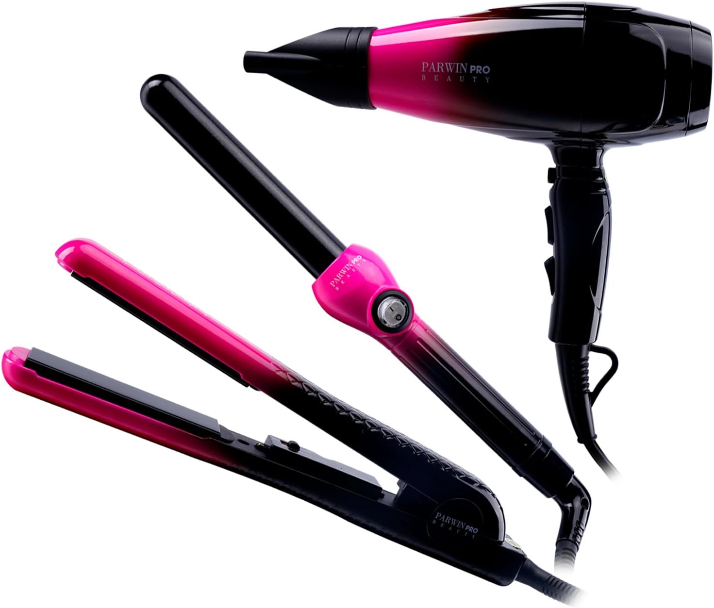 PARWIN BEAUTY Professional Multi-styling Toolkit - 1875W Multi-control Hair Dryer & Tourmaline Ceramic Floating Plate Flat Iron & Ceramic Curling Iron, Hot Pink/Black