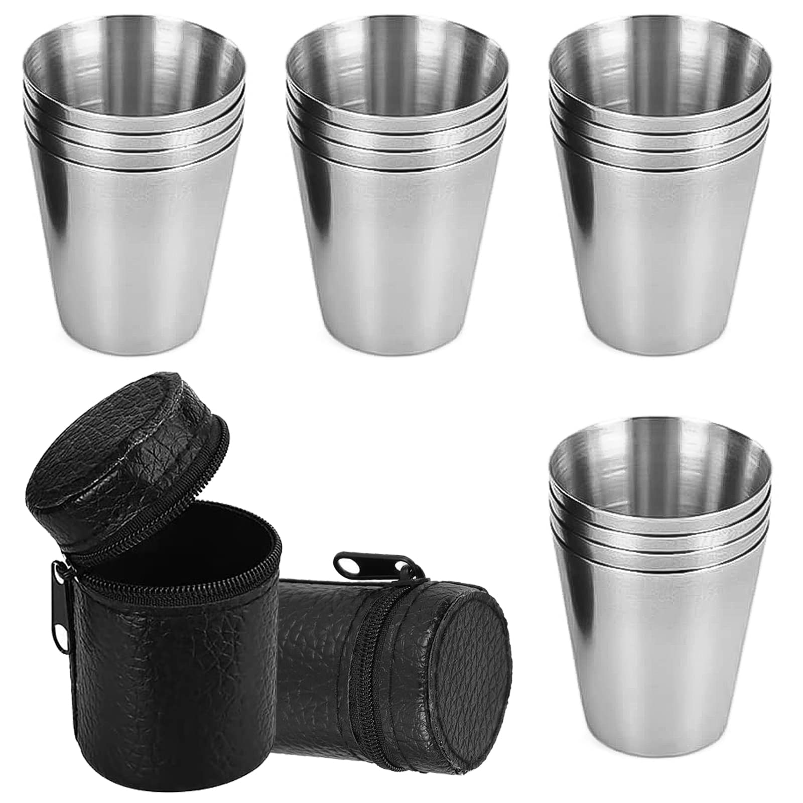 CHJIEJIE TAFAFTL Pack of 12 Stainless Steel Cups, Small Stainless Steel Cups, Portable Metal Cups, Stackable Drinking Cups, Stainless Steel Cups with 3 Leather Cases with Zip for Camping, Picnics,