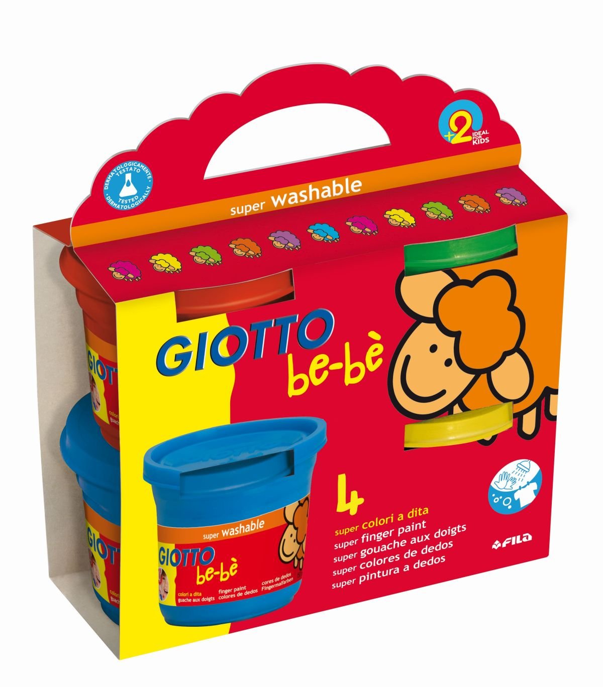 GIOTTO be-be Finger Paint Set, Box of 4 x 150ml in Assorted Colours (Yellow, Green, Red, and Blue), Super-Washable, For Children