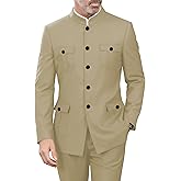 CYANDUSTY 2 Pieces Mandarin Collar Safari Suits for Men Chinese Tunic Suit Gold Button Jacket Pant Set Wedding Prom