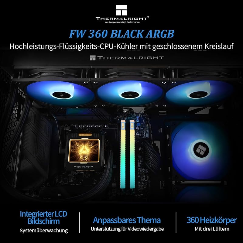 FW 360 Negro ARGB Refrigerador de agua para procesador con 3 ventiladores PWM, pantalla LCD de resolución IPS 320 x 240, enfriador de procesador líquido para AMD/Intel PC Refrigerador Aio
