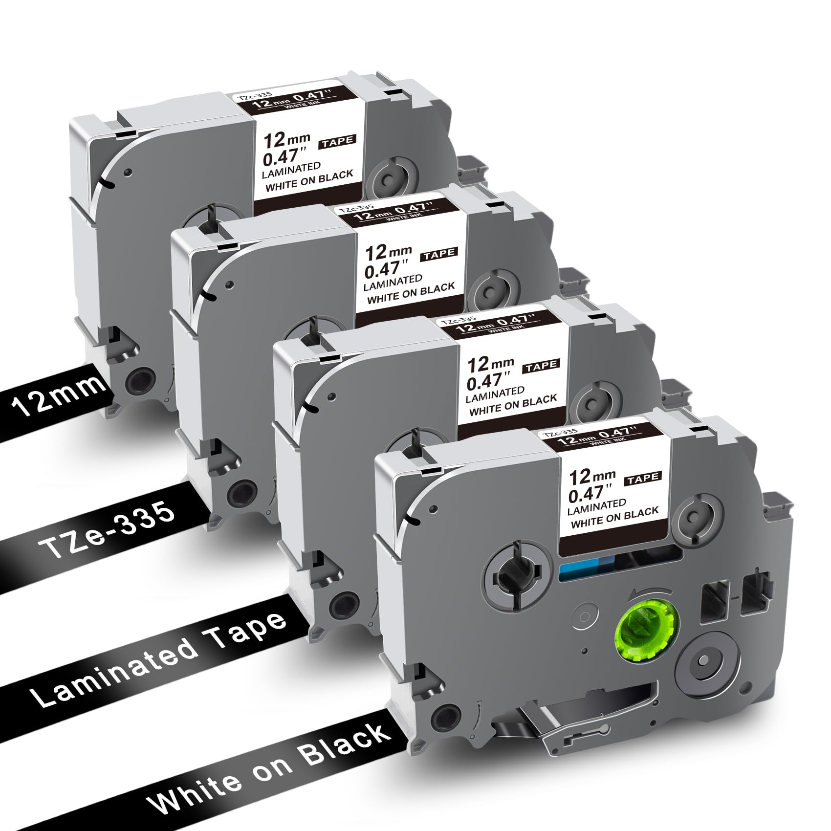 UNOKA Compatible for Brother Ptouch White on Black Tape Replacement for Brother Label Printer Tape TZe 12mm 0.47, TZe-335 for PT-H110 H107B H100LB D400 H105 1000 1010 E100, 4-Pack