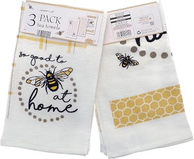 COUNTRY CLUB 3pk 100% Cotton Velour Bee Kitchen Tea Towels 60x45cm