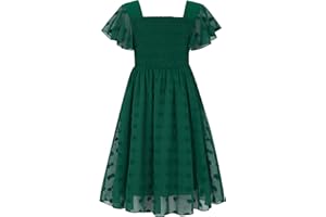 Kids4ever 6-12T Girls Chiffon Dress with Solid Pom Poms & Flutter Ruffle Short Sleeve Kids Lace Square Neck Frocks