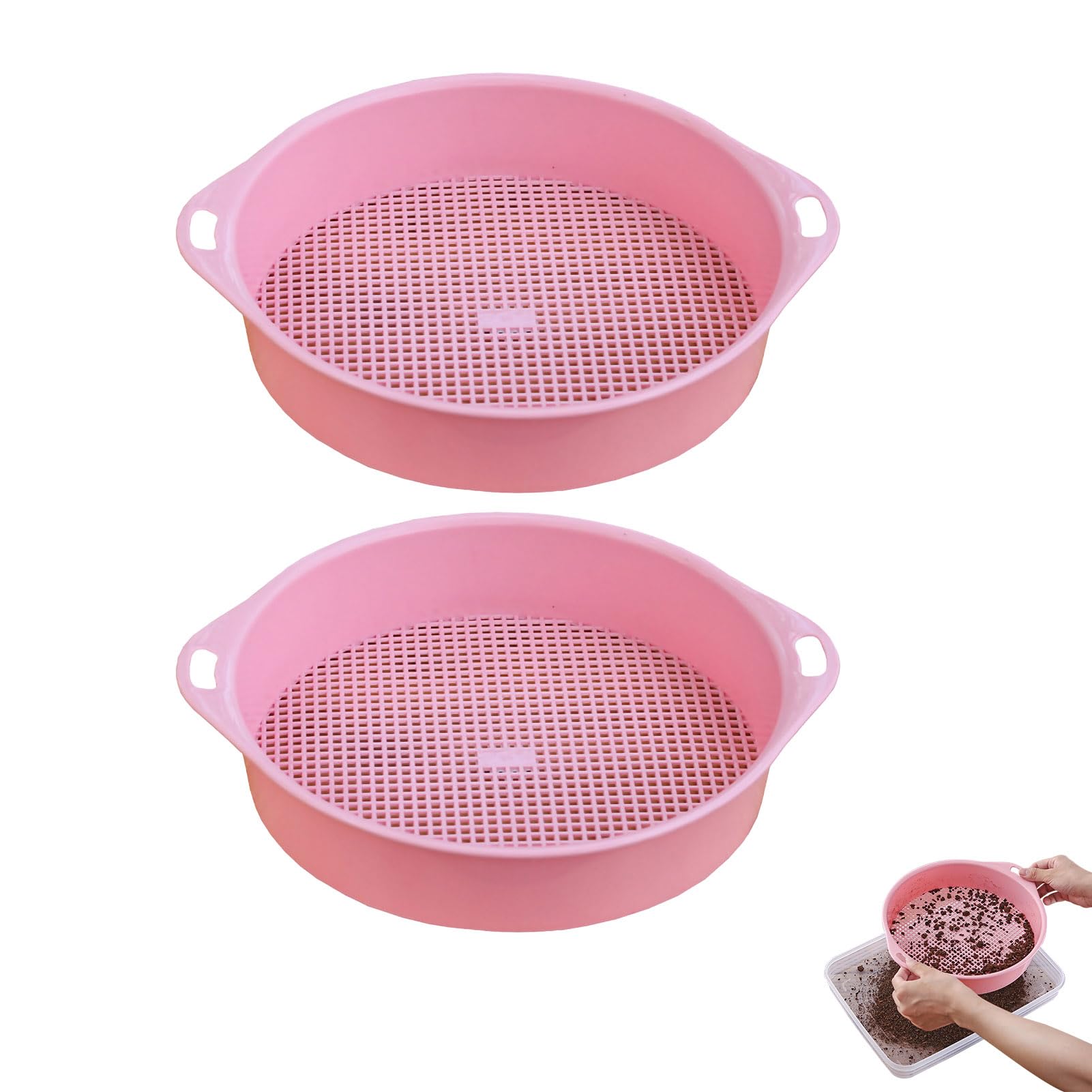 2Pcs Garden Riddle Sieve, 24cm Mesh Soil Compost Sieve 3mm Round Garden Sieve for Soil and Stones Earth and Rocks Sifter Riddler Plastic Mesh Soil Sifter Set for Garden(Pink)