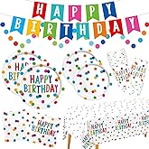Happy Birthday Decorations: Happy Birthday Party Supplies Set with Birthday Dots Design- Includes Disposable Paper Birthday Plates and Napkins, Cups, Tablecloth, and Banner for decorations, Serves 25.