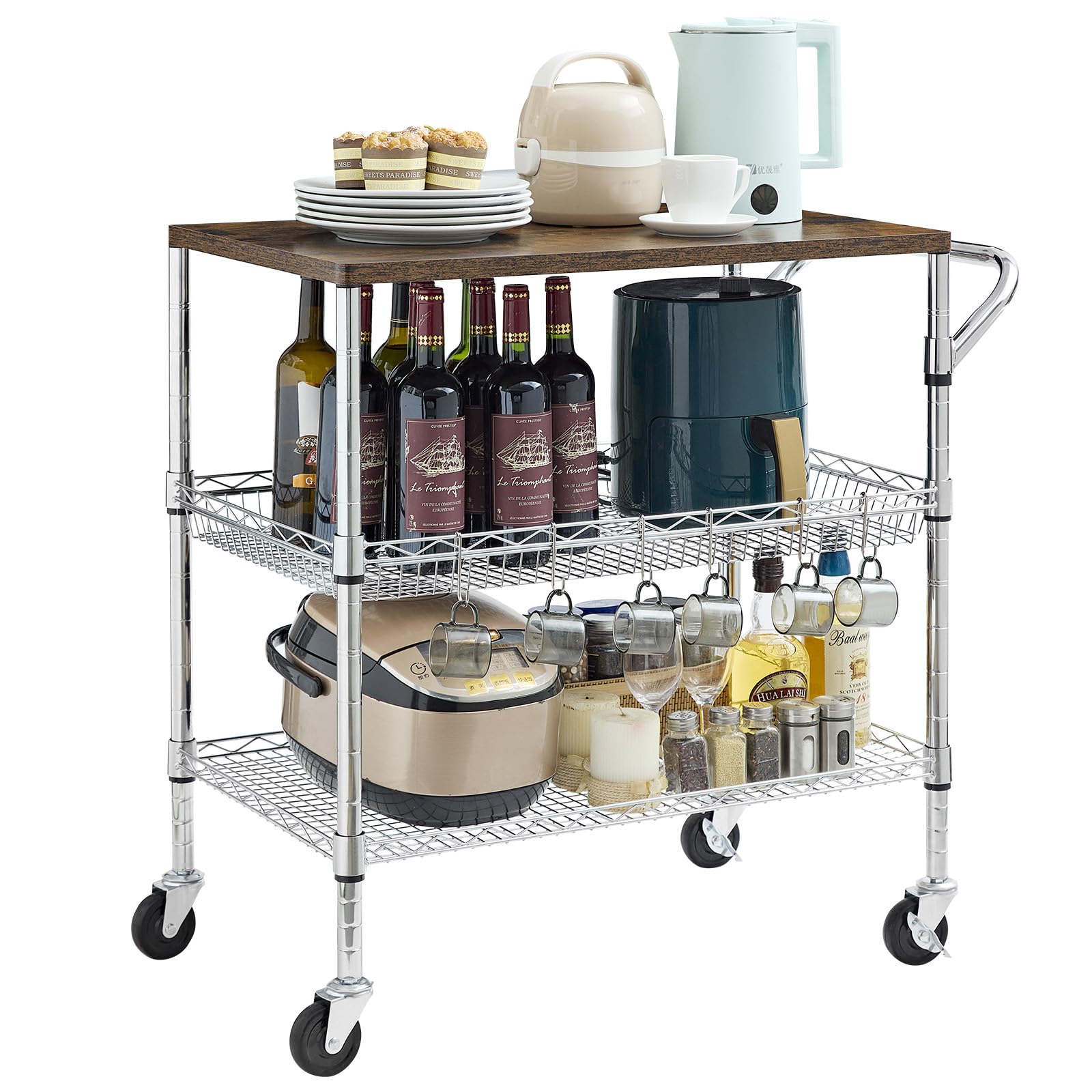 Photo 1 of Rolling Kitchen Carts on Wheels With Storage,650Lbs Heavy Duty Metal Cart with Wheels,3 Tier Rolling Cart with Wooden Top,NSF Utility Cart with Handle for Food Cart Serving Carts,30.3"L*31.9"H*18.1"W