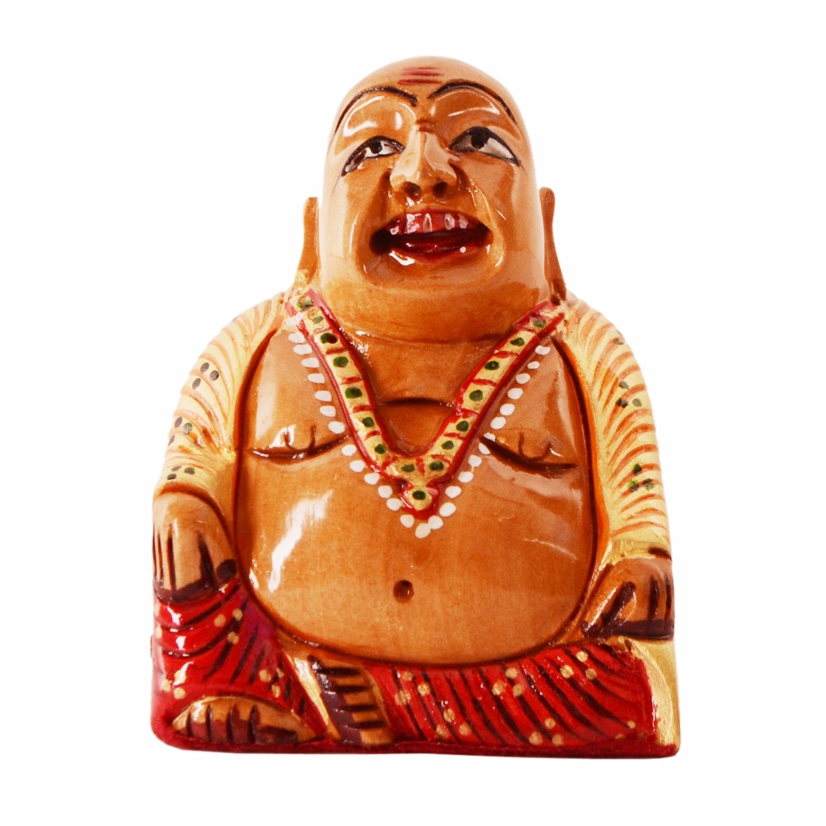 Purpledip Wooden Idol Laughing Buddha With Fine Gold Painting: Harbinger Of Wisdom & Wealth - Home Decor Showpiece Gift Vastu Feng-Shui Good Luch Charm (11252)