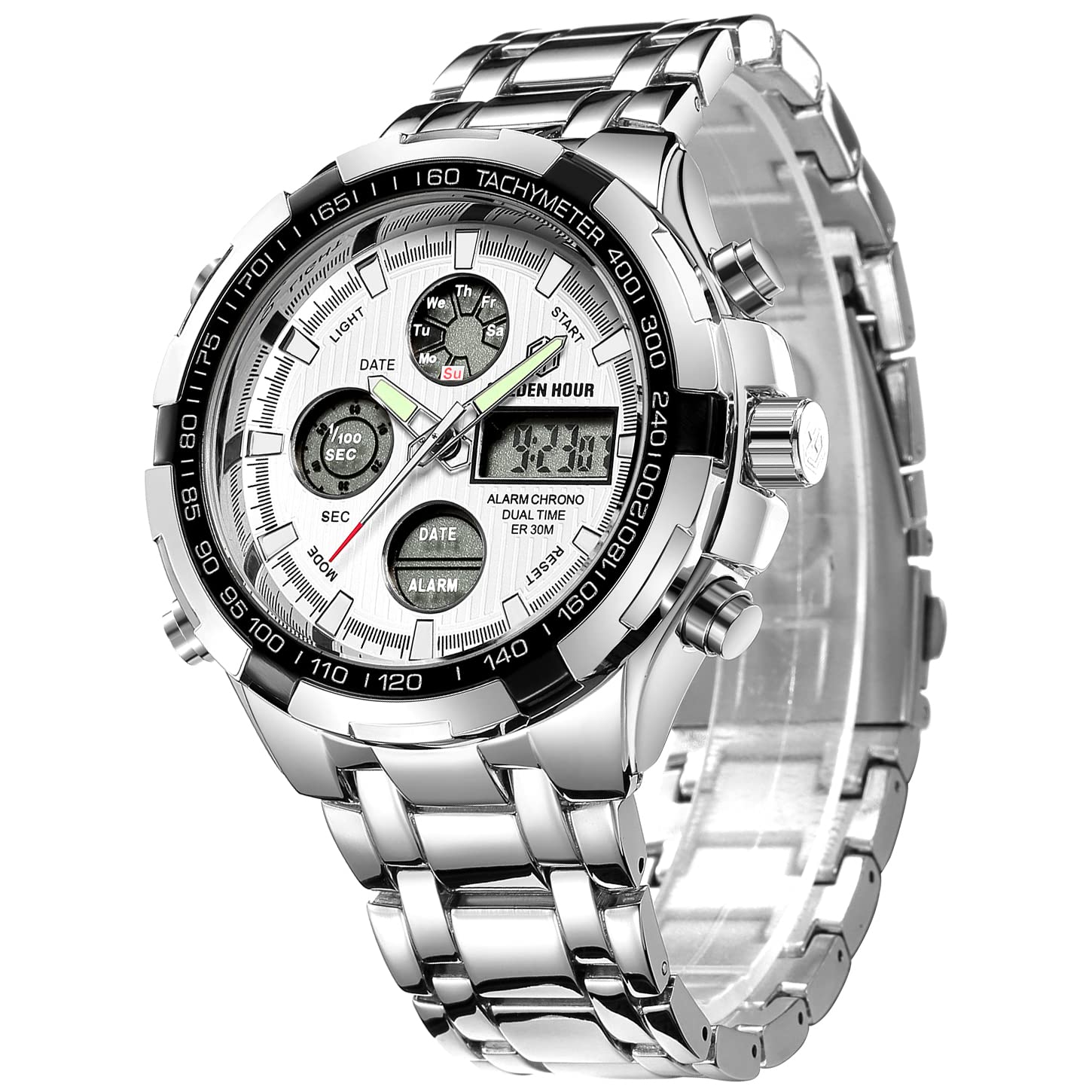 GOLDEN HOUR Luxury Stainless Steel Analog Digital Watches for Men Male Outdoor Sport Waterproof Big Heavy Wristwatch (Silver White) — image 1