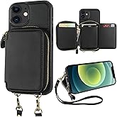 Bocasal RFID Blocking Wallet Case for iPhone 12/12 Pro, Adjustable Crossbody Zipper Purse Case Card Holder with Kickstand Detachable Wrist Strap, PU Leather Flip Folio Case 6.1 Inch 5G (Black)