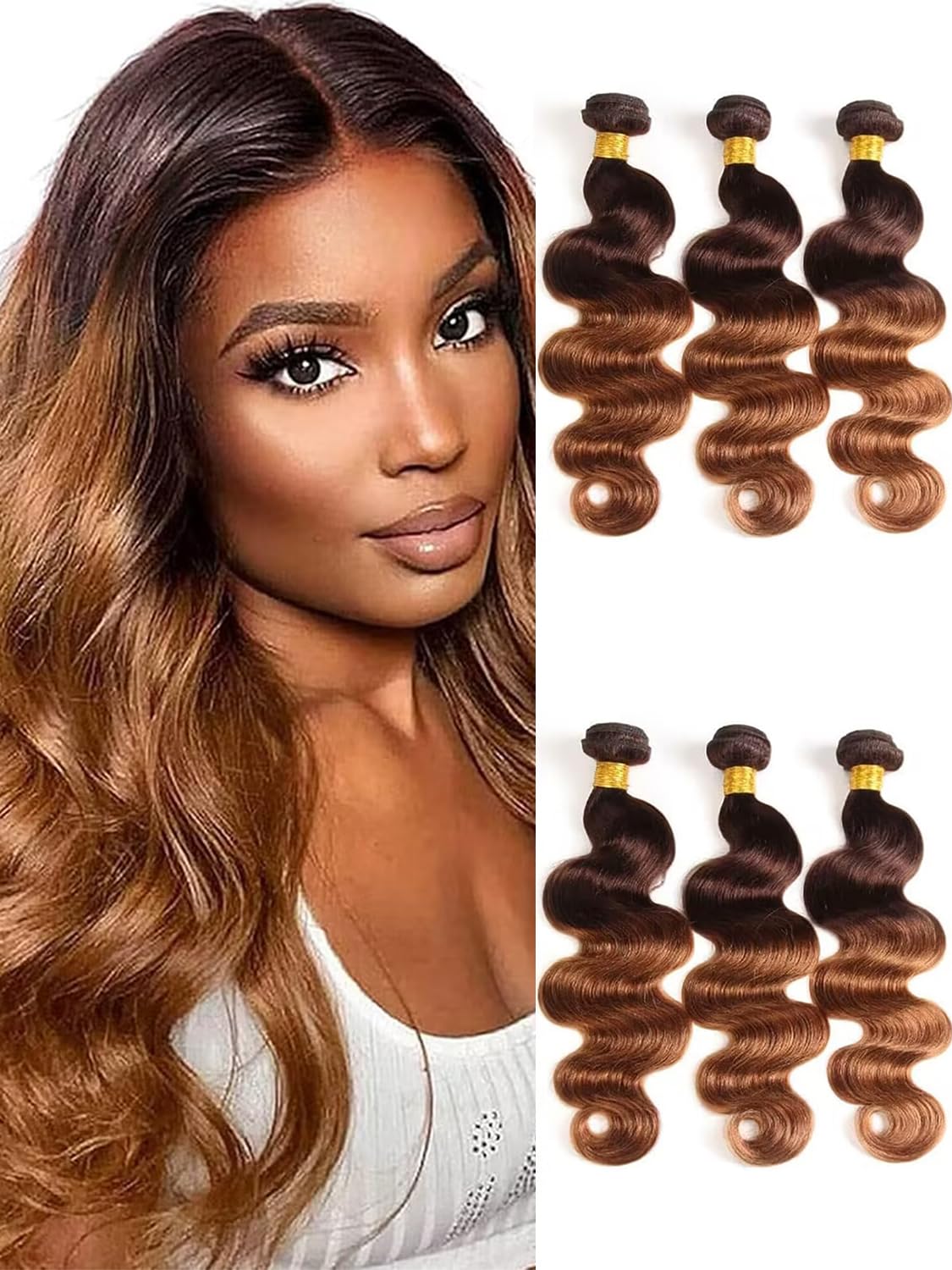 2 Tone Ombre Brazilian Body Wave Hair 3 Bundles Brazilian Remy Virgin Human Hair Weave Bundles 100% Unprocessed Body Wave Human Hair Extensions T4/30 Medium Brown/Medium Auburn(14 16 18) — image 1
