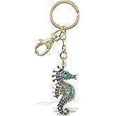 Aqua79 Seahorse Keychain - Blue Sparkling Rhinestones Charm, Fashionable Stylish Polyester PU Ocean Life Gold Key Ring Bling Jewelry Accessory with Clasp For Key Chain, Bag, Purse and Backpack