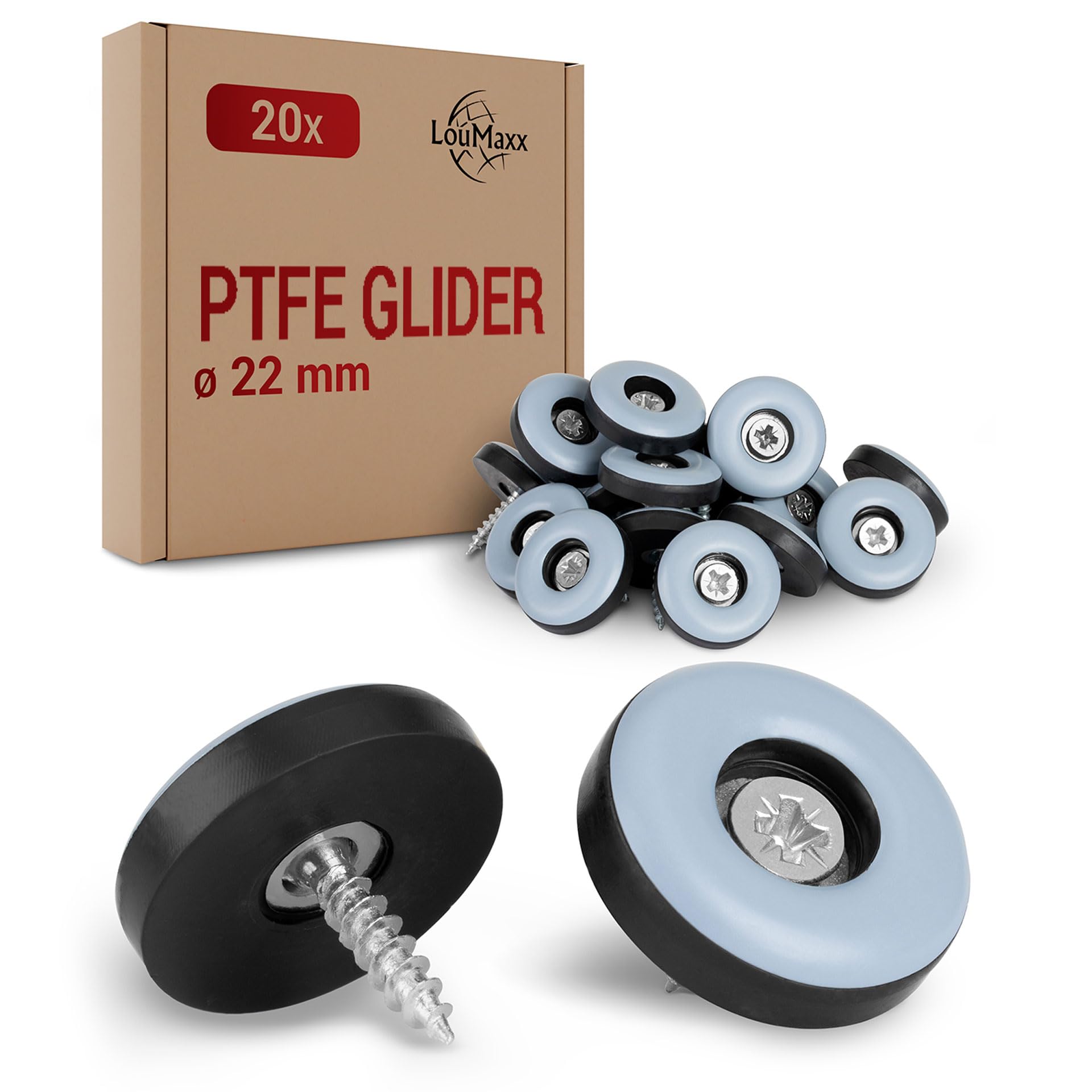 LouMaxx Teflon Gliders for Screwing - PTFE Chair Glides Diameter 22 mm - Effective Protection for Furniture and Floors - Set of 20 Teflon Furniture Glides for Effortless Gliding on Carpets and Floors