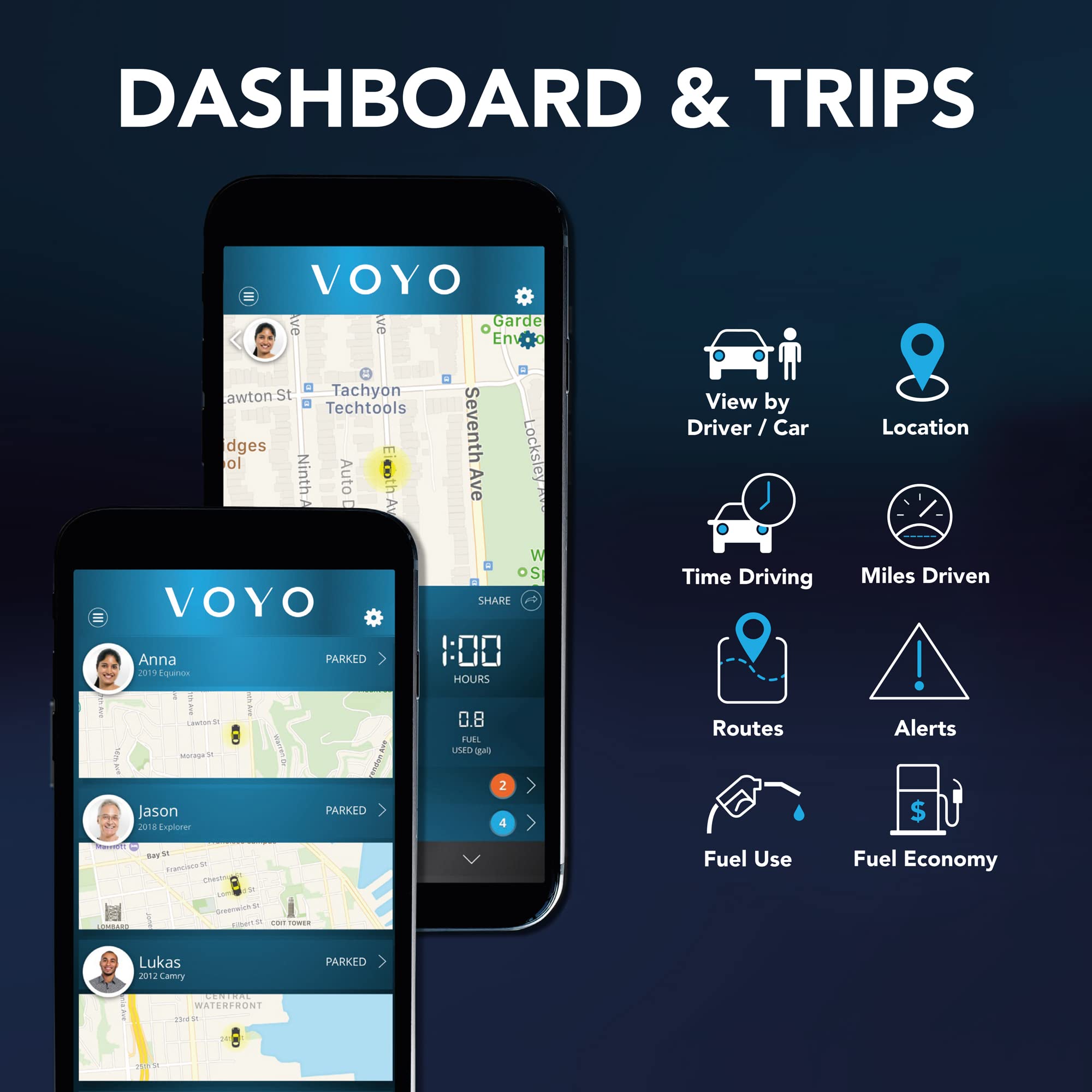 Advanced OBD2 tracker – location & trips – pro-level diagnostics – vital car data – 18 safety & health alerts – dashboard for multiple cars – no contract or monthly fee – cars 1996 or newer