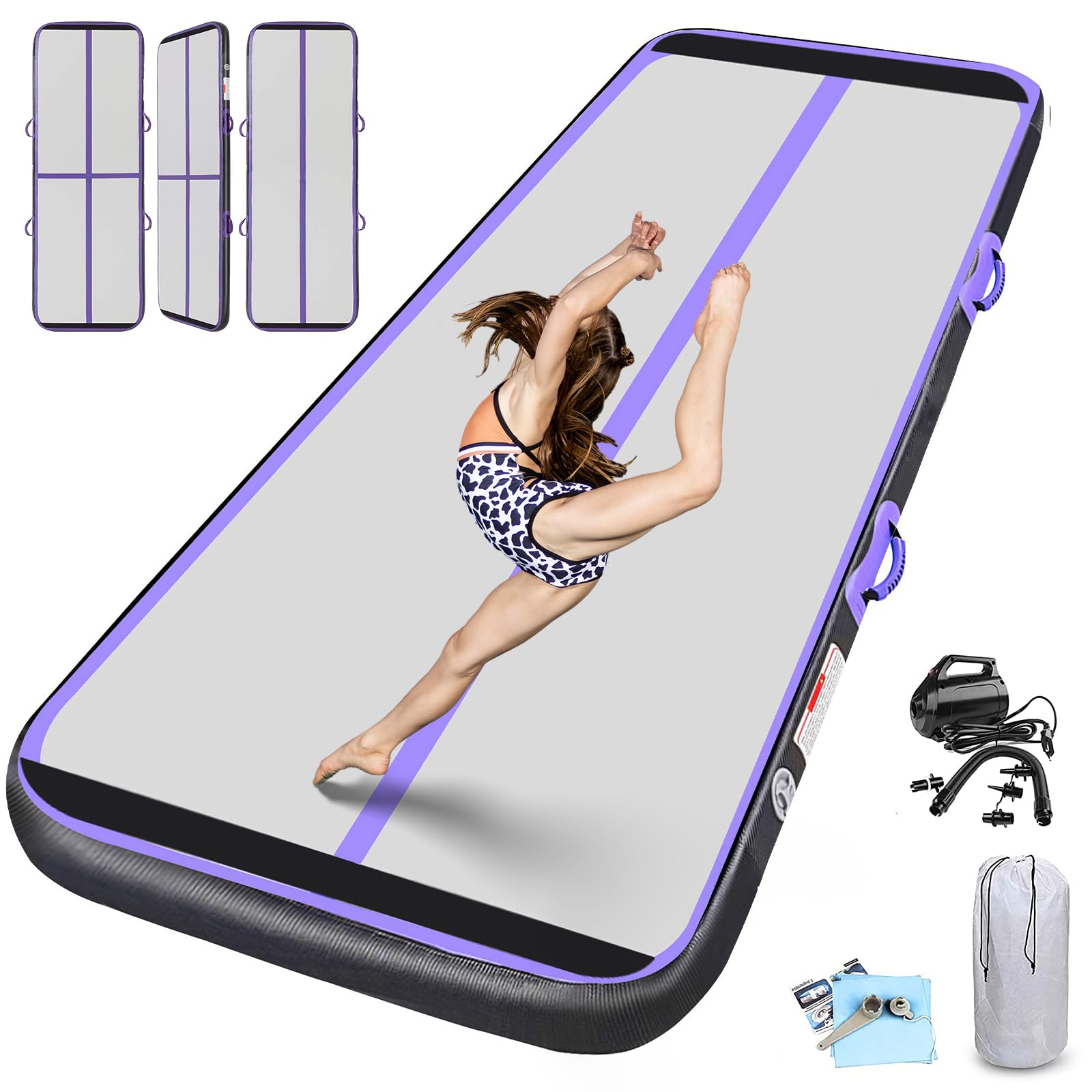 16.6ft Inflatable Gymnastics Mat - Air Tumbling Track For Kids, Home Gym, Cheerleading & Water Use (Purple/Black)