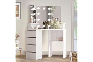 VABCHES Corner Vanity Desk with Lighted Mirror,42 inch Makeup Vanity Table with Lights,4 Drawer Makeup Dressing Table with 3-Fold Mirror,3 Lighting Colors,White