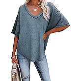 Dokotoo Women's Causual V Neck Short Sleeve Shirts Waffle Knit Loose Tunic Tops Blouses