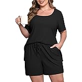 ZHUHOUSE Womens Plus Size Pajama Sets 2 Piece Summer Outfits Short Sleeve Tops Shorts with Pockets for Lounge Sleepwear