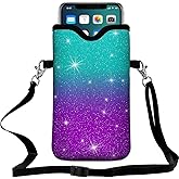 Braytow Neoprene Cell Phone Pouch 7.5 X 4.3 in Cloth Mobile Protection Case Bag with Crossbody Strap Neck Lanyard Cell Phone Case Teal Purple Glitter