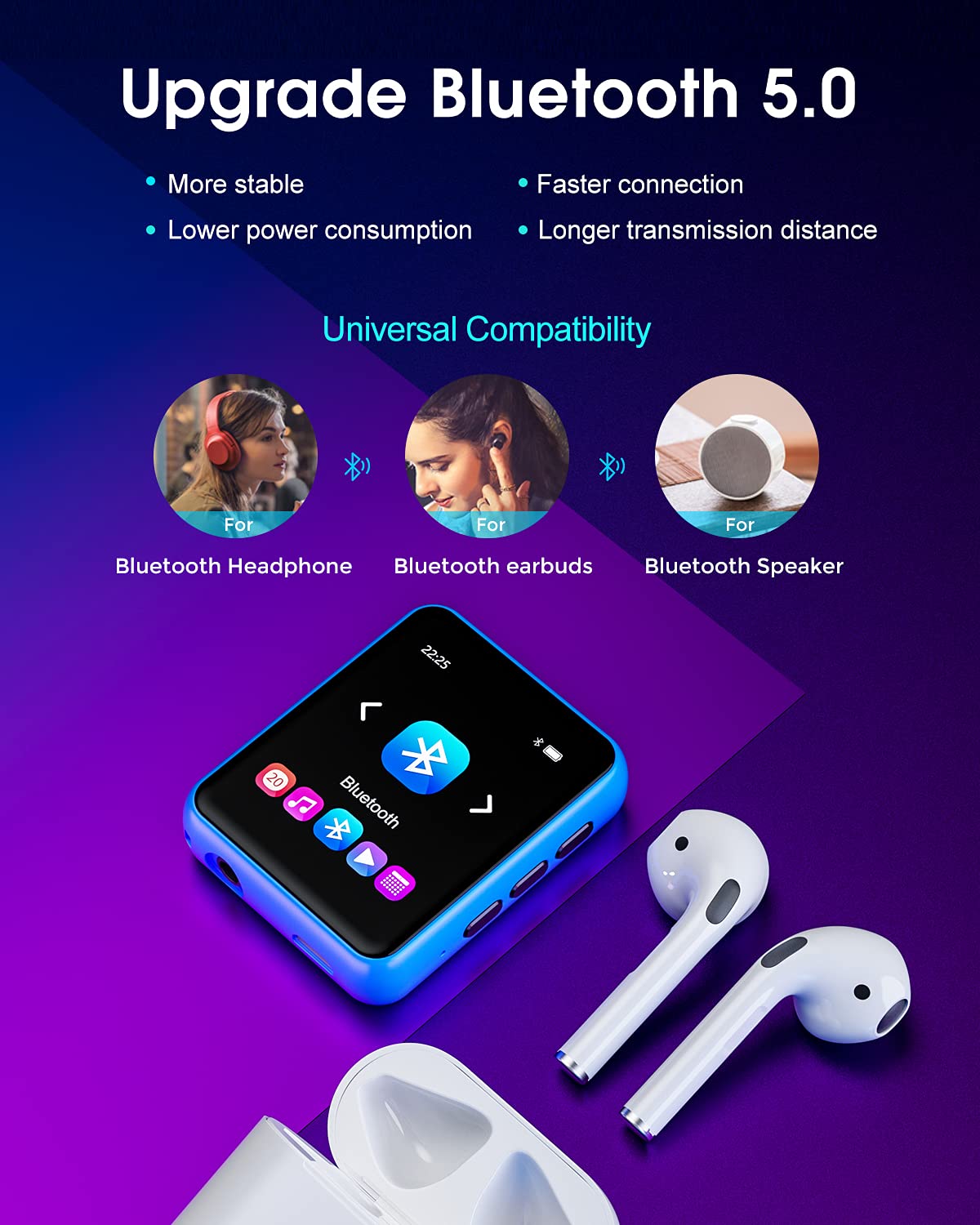 MP3 Player with Bluetooth 5.0 Portable HiFi Lossless Sound MP3 Music Player and FM Radio Recorder E-Book 2.4 inch Screen Maximum Support 128GB（Blue）