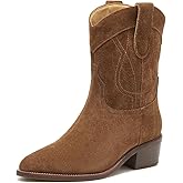 BEAU TODAY Women's Cowboy Western Boots, Suede Leather Cowgirl Boots for Women, Fashion Pointed Toe Chunky Block Heel Pull On Mid Calf Boots with Embroidery Stitched
