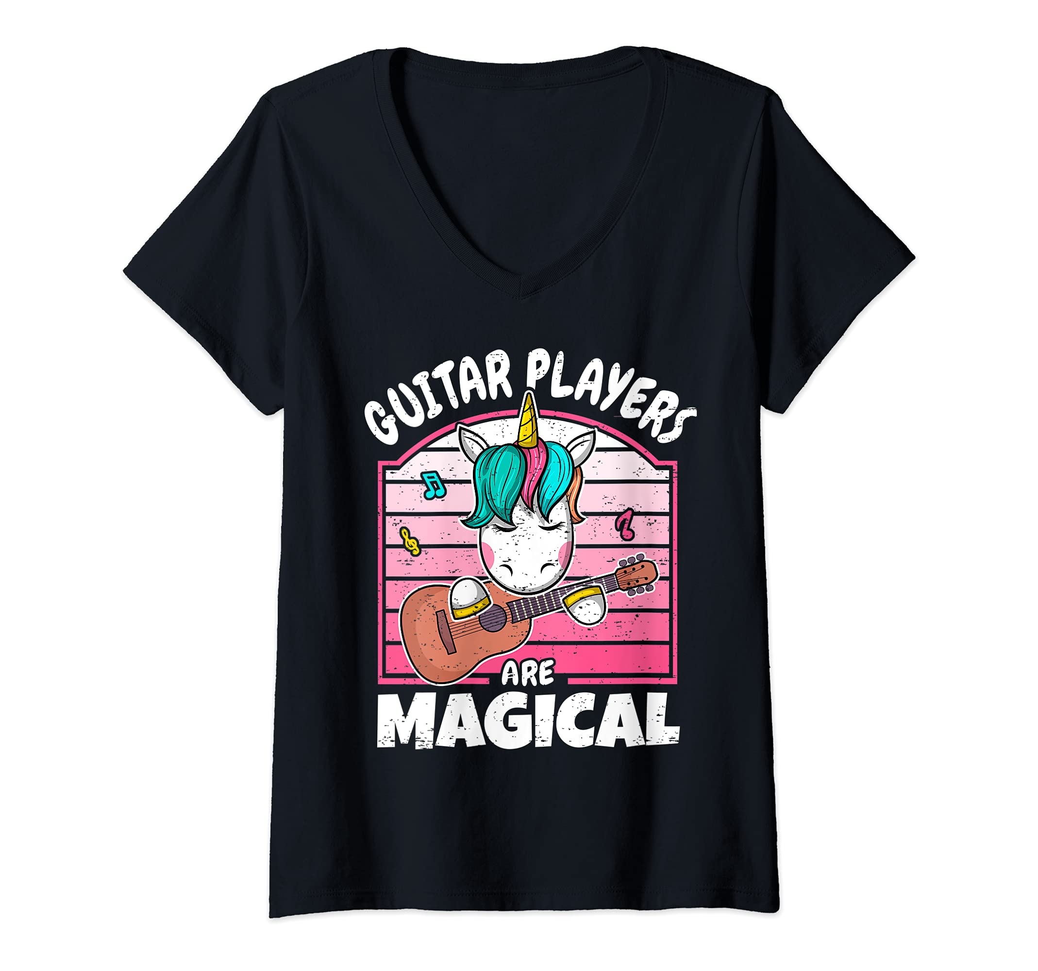 Womens Cute Magical Unicorn Guitar Player Guitarist V-Neck T-Shirt
