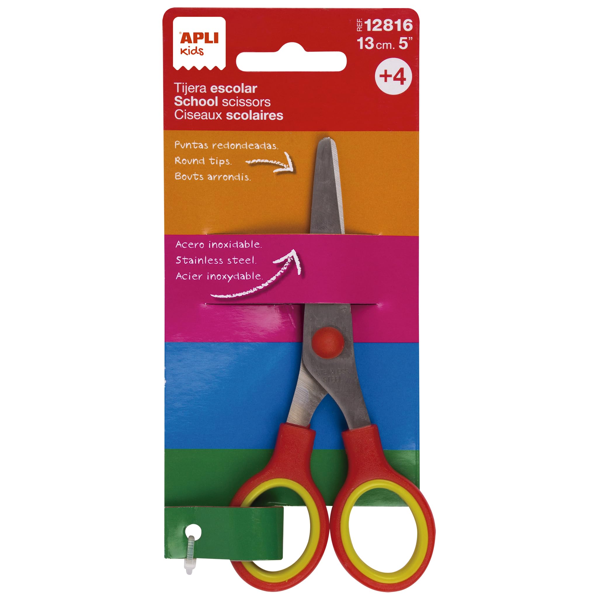 APLI Kids School Scissors 13 cm with Rounded Tip | Ergonomic Two-Tone Handle and Stainless Steel Blades for Children +4 Years (1 Pack)