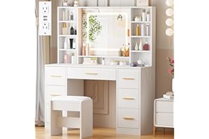ANWBROAD Vanity Desk Table with Lighted Mirror 39.4“ Girls Makeup Vanity with Power Outlet 3 Colors Lighting Adjustable Brightness Vanity Table for Women Bedroom Dressing Room White UBDT65W