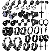 17 Pairs Earrings for Men, Stainless Steel Earrings For Men Sensitive Skin, Fashion Earring Piercing Jewelry Cross Dangle Hoop Earrings Kit Studs Long-lasting Shine