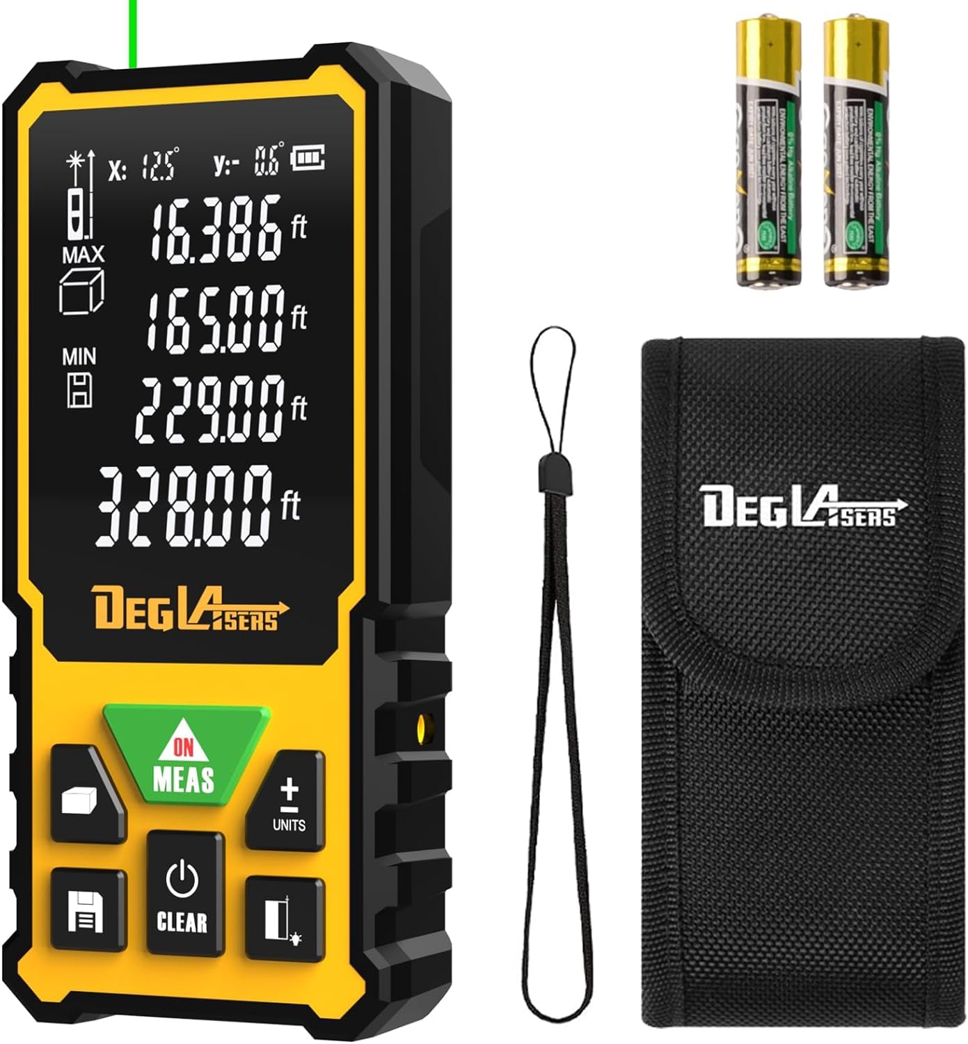 Laser Measure,DEGLASERS 328 Feet Green Laser Measurement Tool with Angle Sensor,Measure Distance, Area and Volume,Pythagorean Mode,±1/16 inch Accuracy,Ft/Ft+in/in/M Units,2.4" LCD Backlit