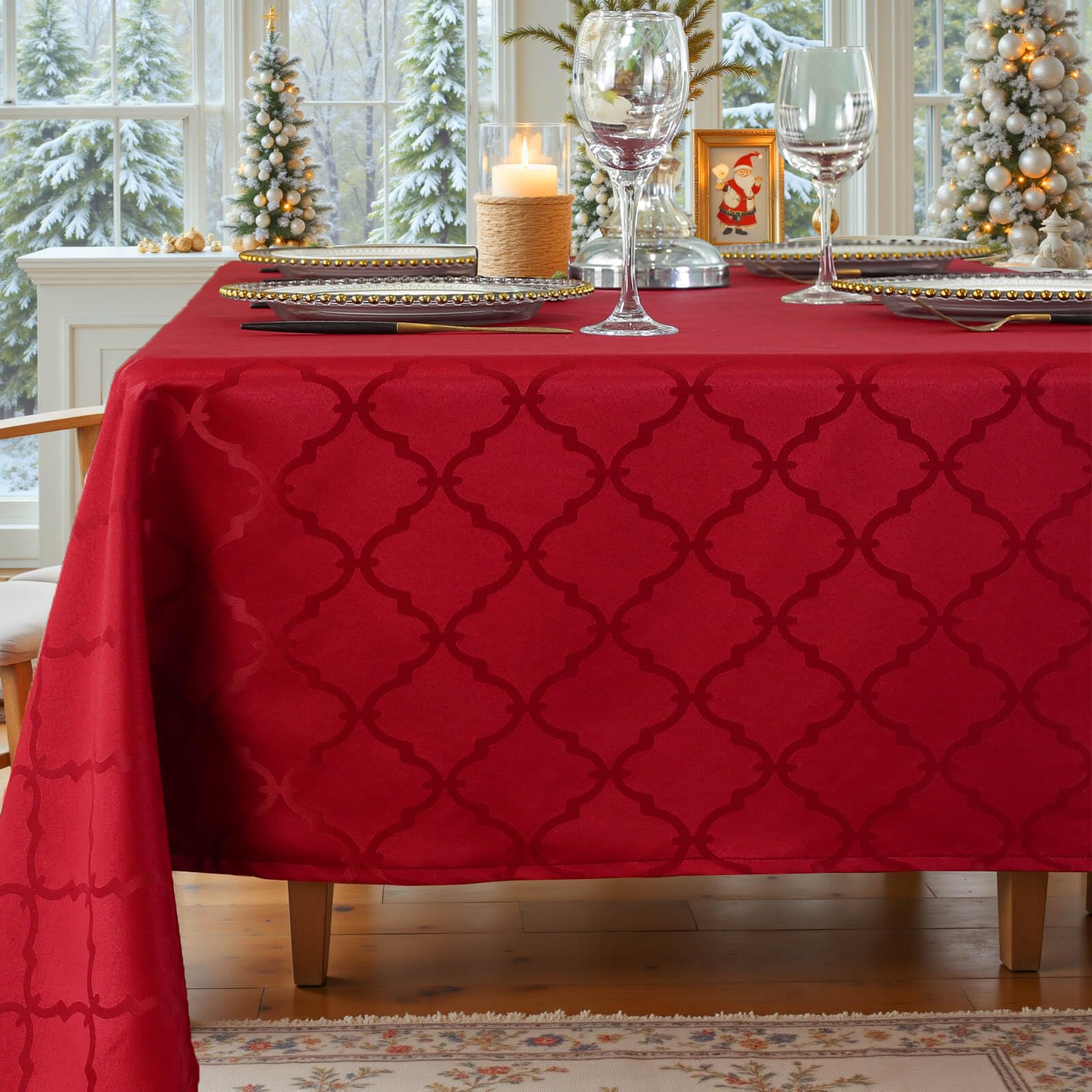 SASTYBALE Christmas Jacquard Tablecloth 152x213 cm Rectangle - Spillproof Wrinkle Resistant Rhombus Patterns for Holiday Parties, Dining & Decor (Red, 6-8 Seats)