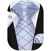 HISDERN Mens Tie Set Stripe Plaid Ties with Pocket Square Cufflinks Formal Business Silk Necktie Handkerchief for Men