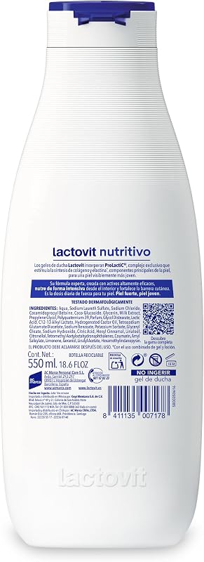 - Gel doccia nutriente e idratante, pelle forte e giovane, consistenza cremosa e leggera, formulato con Prolactic10, uso quotidiano, per pelli normali e secche - 550 ml