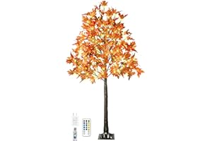 TIYIVIRI 6FT 130 LED Lighted Maple Tree - Thanksgiving Decor Artificial Fall Tree with 13 Branches, 13 Acorns 260 Leaves, Remote 8 Flashing Modes, Timing, DC 5V Safe for Outdoor Wedding Party Autumn Decor…