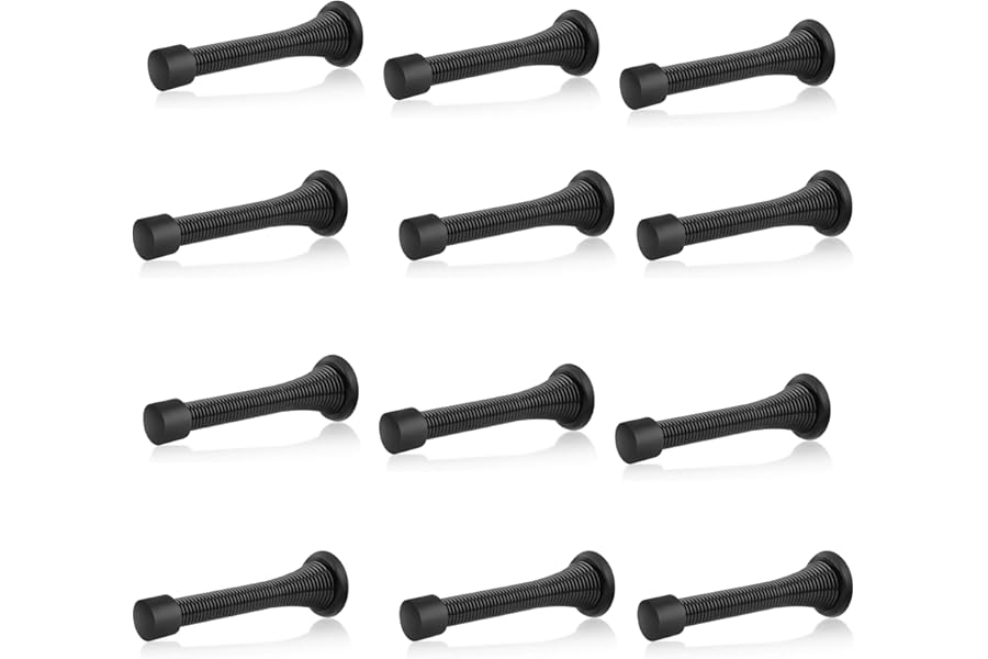 Spring Door Stopper Matt Blk – 12-Pack Wall Door Stopper – Easy Installation Doorstop with Rubber Bumper Tip – Heavy Duty Materials and No-Damage Design