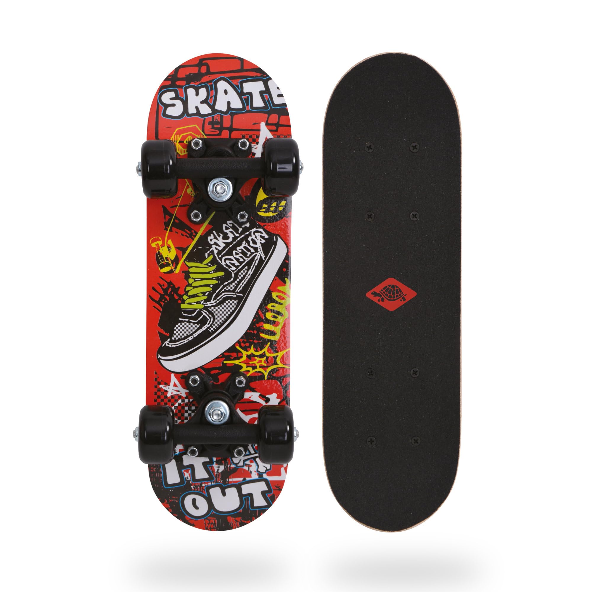 Schildkröt Mini-Skateboard 17", Wooden Deck 43 x 13 cm, Plastic Wheels 50 x 30 mm, Design: Skate It Out, 510610
