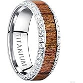 Engraved Personalized Titanium Wedding Rings for Men Cubic Zirconia Inlay Hawaiian Koa Wood Engagement Ring Eternity Band High Polished Band Comfort Fit Size 7-12